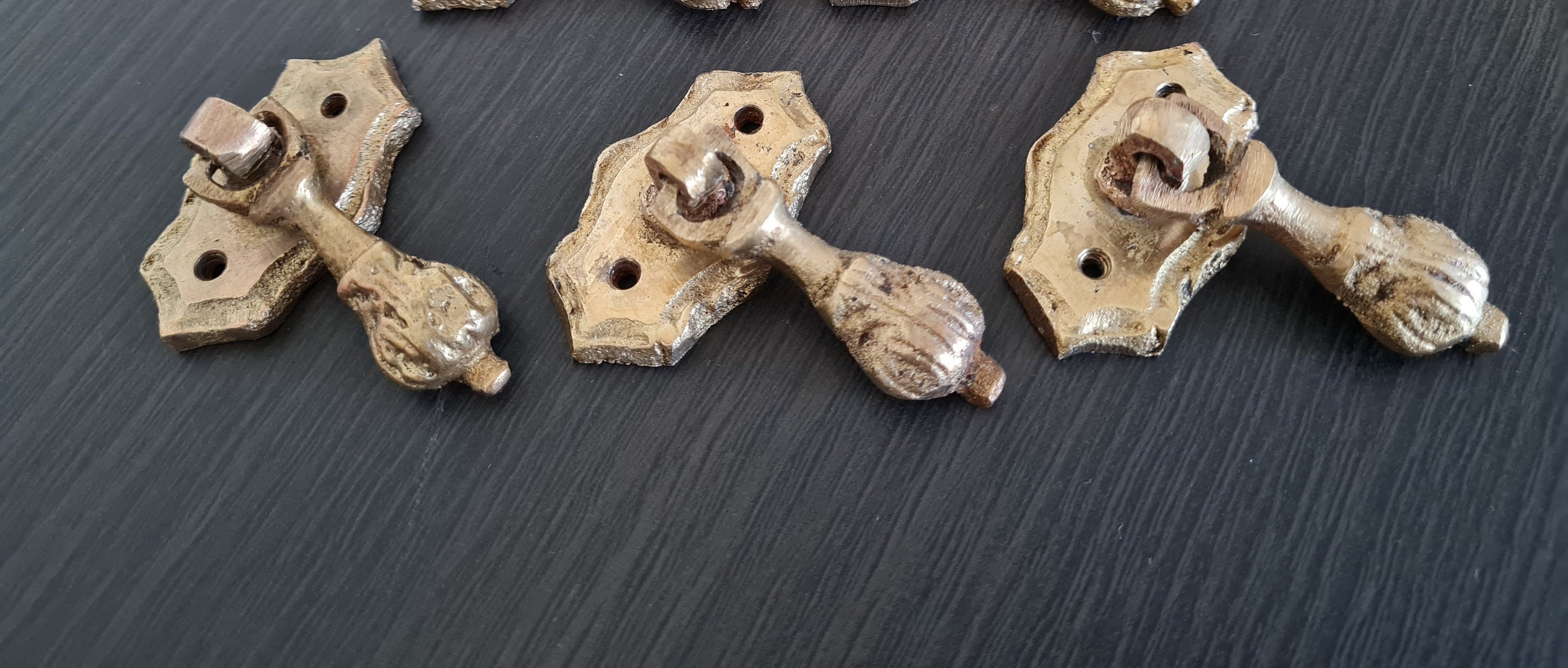 Set 3 Antique Tear Drop Handle Pulls, Small Brass Knob, Victorian