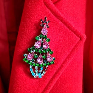 Christmas Tree Brooch Green Pink Rhinestones, Big Lapel Scarf Brooch Pin, Art Deco Old Czech Crystal Glass, Xmas Gift for Her
