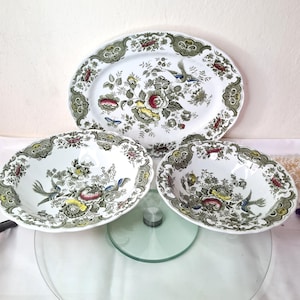 Vintage Platter England Porcelaine Ridgway Staffordshire England Windsor Deep Dinner Plates, Country Tableware Green Transferware
