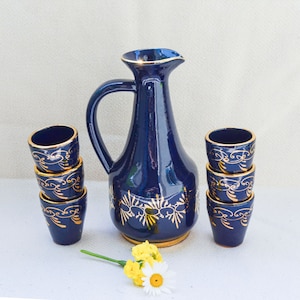 Ceramic Pitcher with Wide Mouth, Handle & 6 Shot Glasses, Cobalt Blue Gold Decanter Liquor Sake Limoncello Drinkware Set, Housewarming gift
