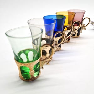 Set of 5 Colorful Shot Glasses Cups with Ornate Gold Holders, Liquor Glasses, Vintage Mid-Century Moroccan Style Bohemian Glass Tea Cups