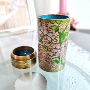 Antique Chinese Cylindrical Box Tea Caddy or Snuff Stash, Small Cloisonne Enamel Brass Floral Design Miniature Jar Round Canister