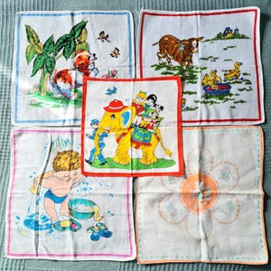 5 Handkerchiefs Child&#39;s Cartoon Print, Organic Cotton Hankies, Duck, Puppy, Animals, Baby Nursery Decor, Square Pieces for Quilting