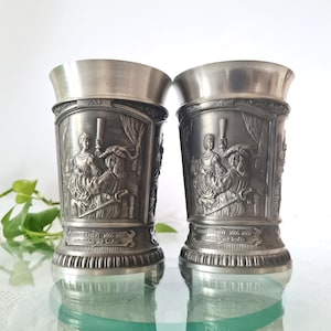 Set 2 Pewter Cups Tumblers Goblets with Rembrandt Reproduction, German Metal Wine Glasses Chalice, WMF Reinzinn Scene, 10 Year Anniversary
