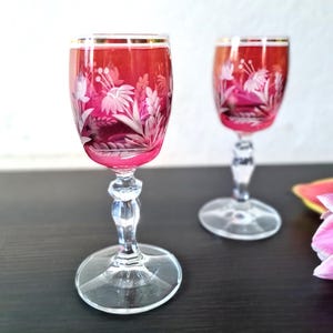 Set 2 Cordial Liquor Glasses, Footed Aperitif Glasses, Red Cristal Cut to Clear Glass Shot Glasses Gold Rim & Flowers, 15th Anniversary Gift