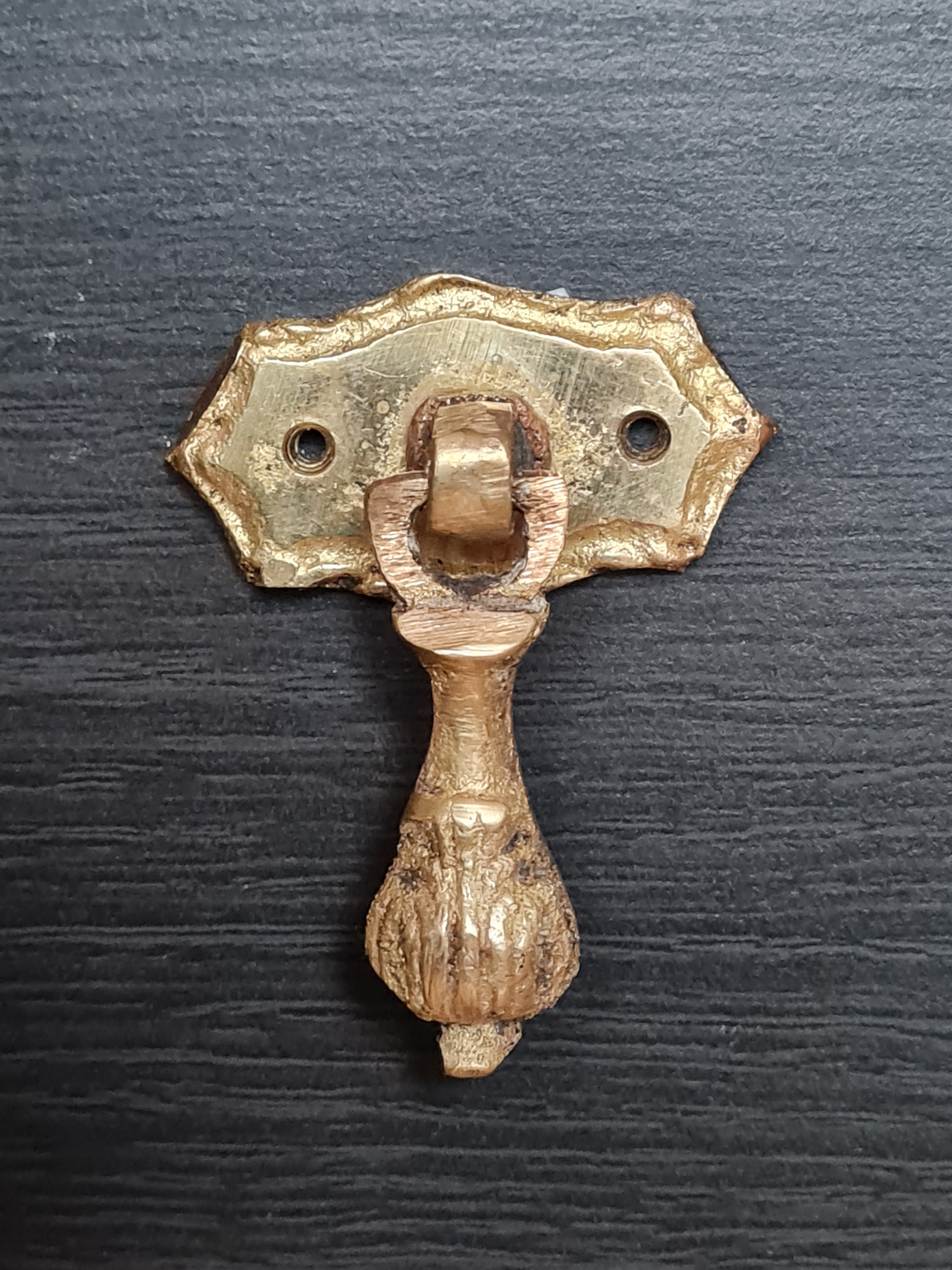 Set 3 Antique Tear Drop Handle Pulls, Small Brass Knob, Victorian