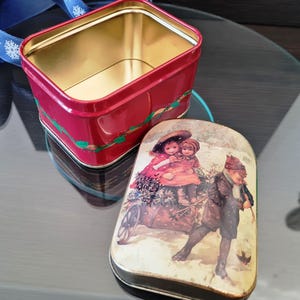 Christmas in July Tin Box Red Nostalgic Victorian Holiday Design, Decorative Storage Container, Retro Xmas Cookie Tin, Gift Box for Child