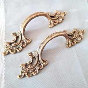 Two Ornate Gold Cabinet Drawer Pulls Decorative Scroll Design, Antique French Dresser Door Handle, Rococo Baroque Victorian Hardware