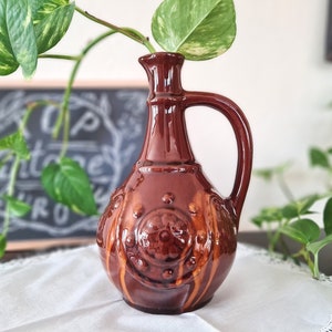 Vintage Brown Glazed Ceramic Pitcher Vase Jug Decanter, Mid-Century Boho or Farmhouse Decor