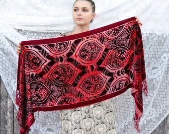 Red Velvet scarf with fringe BESARANI London, designer Evening Bohemian Burnout cut velvet DAMASK Shawl Wrap, gift for her women