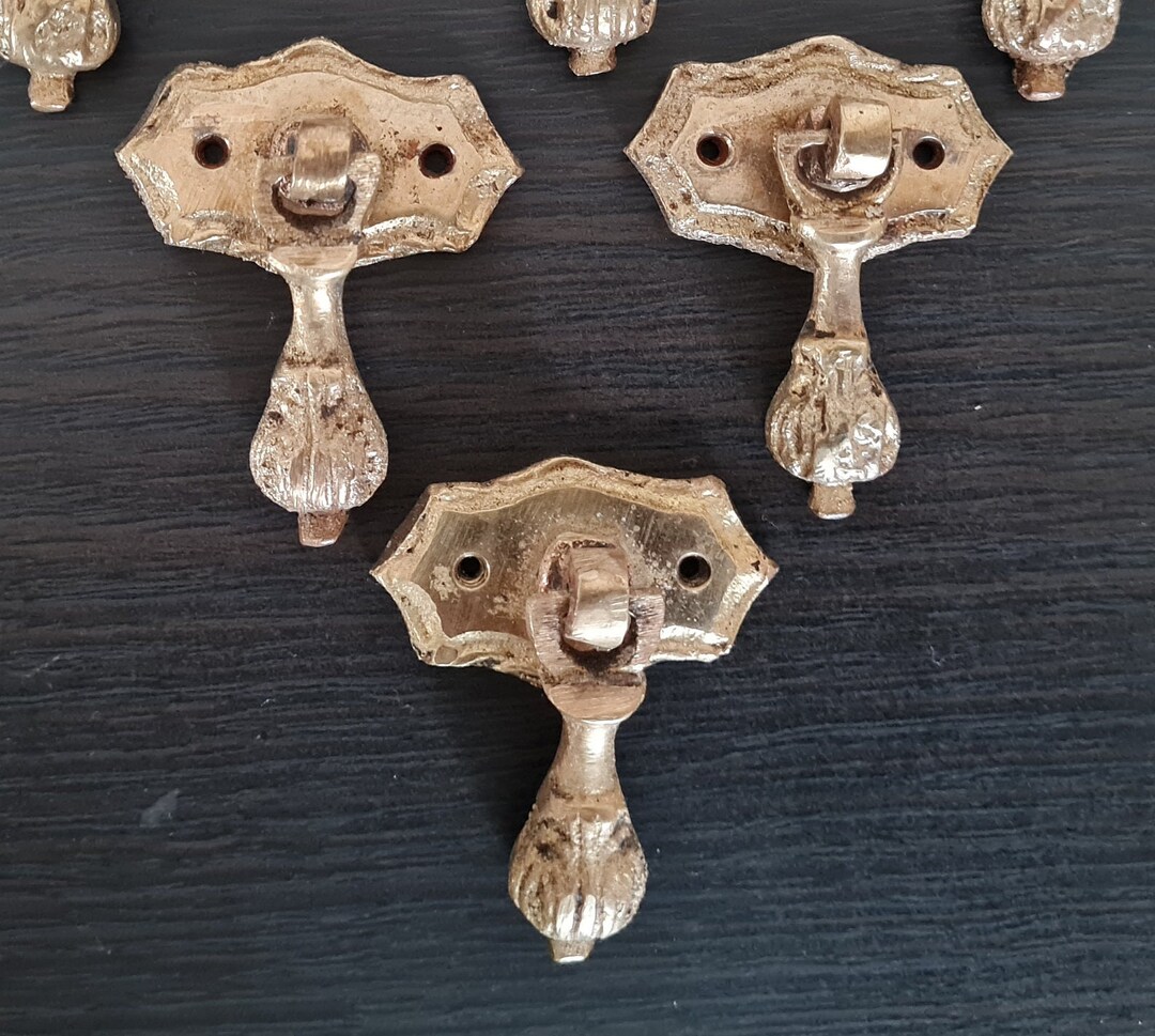 Set 3 Antique Tear Drop Handle Pulls, Small Brass Knob, Victorian