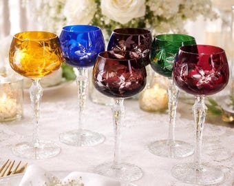 Copas de vino de colores, copas de cristal Nachtmann de estilo bohemio vintage con tallo transparente, regalo para el 15.º aniversario.