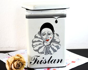 Large TIN CANISTER can sugar box with Pierrot mime, 70s kitchen tin tea canister, rectangular cookie Biscuit jar Pierrette Tristesse