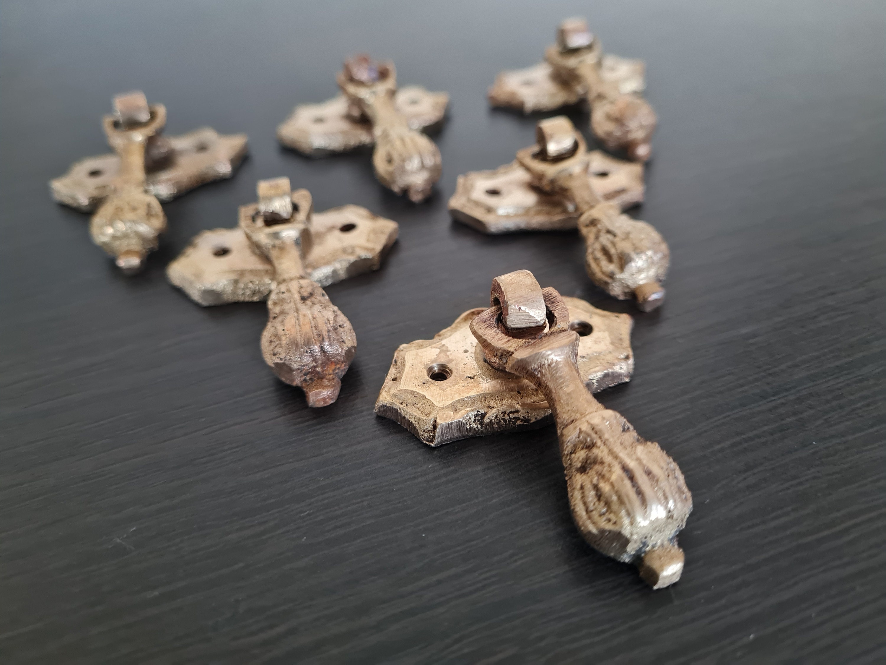 Set 3 Antique Tear Drop Handle Pulls, Small Brass Knob, Victorian