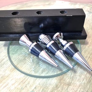 Vintage Modernist Chrome Wine Bottle Stoppers Set on Wood Stand, Mid-Century Barware MCM Bar Cart and Drinks Trolley