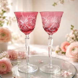 Vintage Pink Cut Crystal Wine Glasses 8.5in, Elegant Bohemian Cranberry Stemware Goblet Romantic Wedding Toast Barware Collectible NACHTMANN