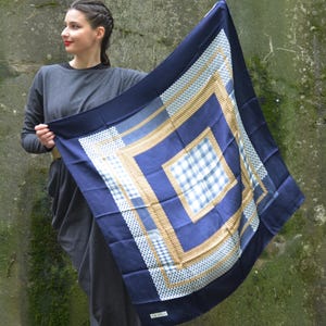 Blue Yellow White Pure Silk Scarf 35&quot; Chain Mail Modern Abstract Hand Rolled Neckerchief, Square Desainer Shawl, Gift for Her