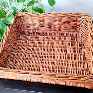 Brown Square Wicker Tray, Serving Willow Bread or Fruits Basket, Potato Vegetable Apples Storage Bin, Home Kitchen Decorative Display