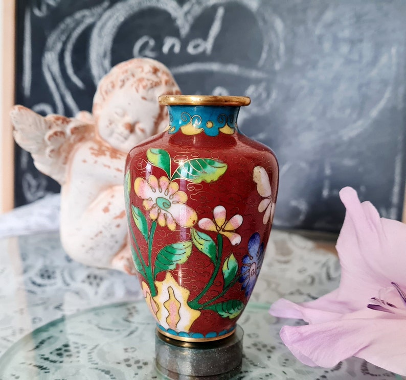 SMALL CLOISONNE Bud VASE 3in/8cm, Chinese Terracotta Bud Vase With