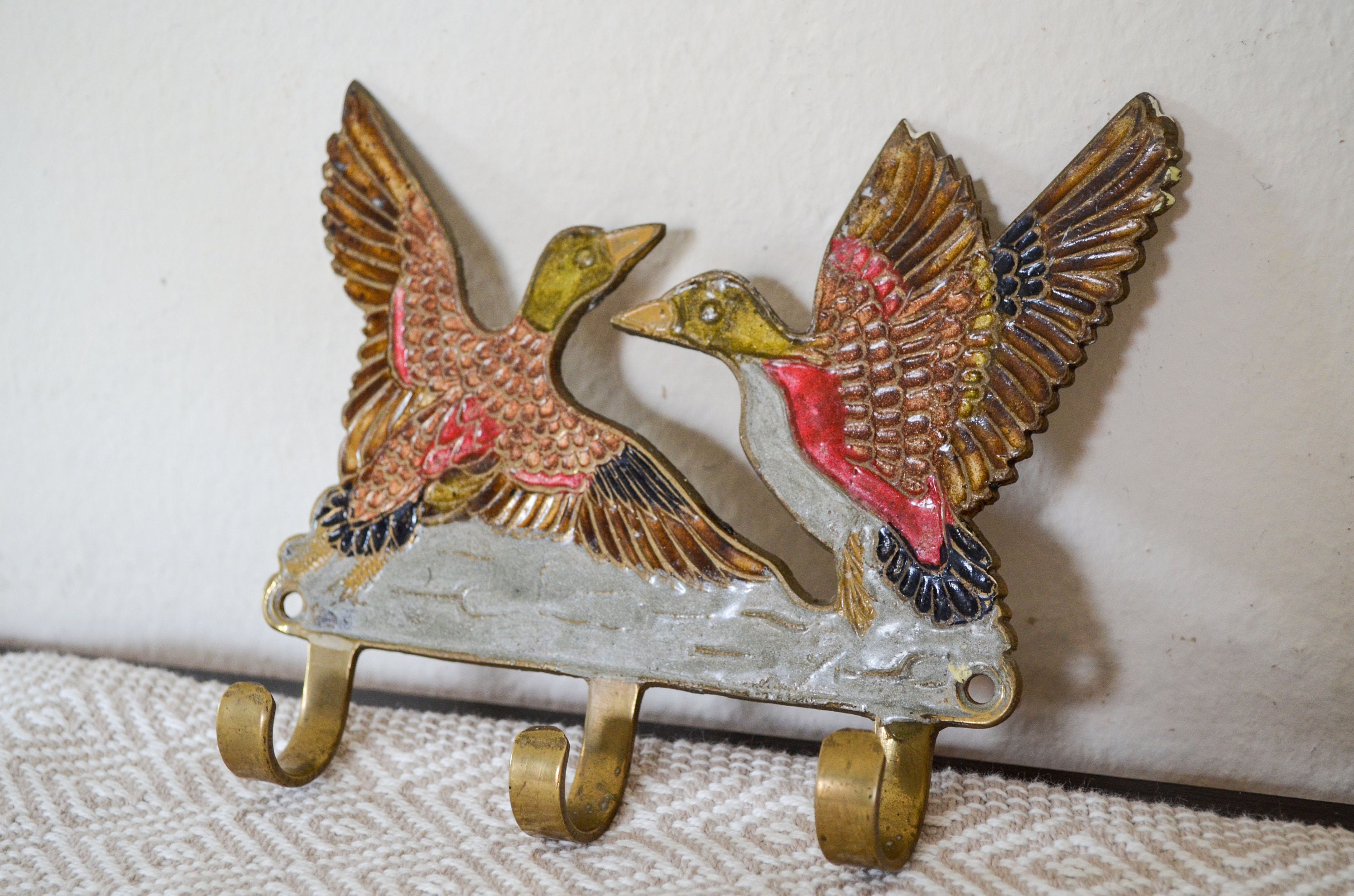 Vintage 50s Brass Enamel Wall Hanger With Ducks for Coat, Towels, Keys With 3 Hooks, Leash Rack