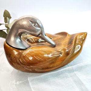 Vintage Wood & Metal Duck Figurine, Italian Hand Carved 70s Bird Sculpture, Mid-Century Modern Decor, Rustic Cabin Gift for Nature Lovers