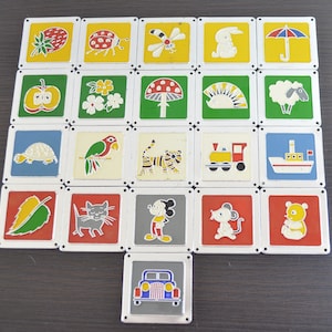 Vintage blikken fotokaarten 21-delige set, opberglabels voor peuterspeelgoed, kleurrijke retro leertegels voor kinderen, visitekaartjes, kluisje in de klas