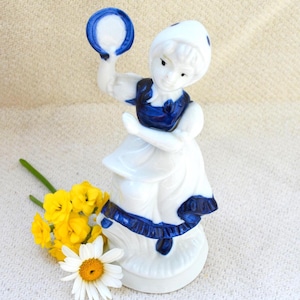 Dancing Girl with Tambourine Delft Porcelain Figurine, Vintage Dutch Ceramic Blue White Figure Statue, Cottage Decor, Daughter Gift