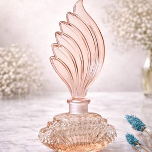Blush Pink Glass Perfume Bottle with Sculptural Stopper, Elegant Art Deco Vanity Decor, Collectible Crystal Scent Bottle, Gift for Her Mom