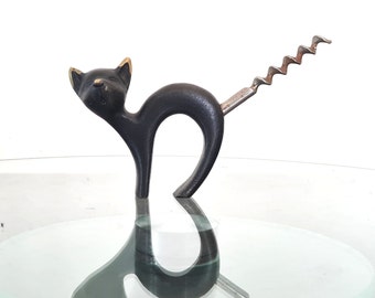 Vintage Brass Cat Corkscrew, Modernist 50s Vienna Bronze, Black Cat Lover Gift, Walter Bosse Herta Baller Collection Hagenauer Richard Rohac