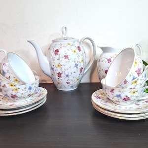 Porseleinen theekoffieset kleine bloemen Shabby Chic servies, pot 6 theekopjes en schoteltjes Suikerpot, vintage Beiers Schlottenhof