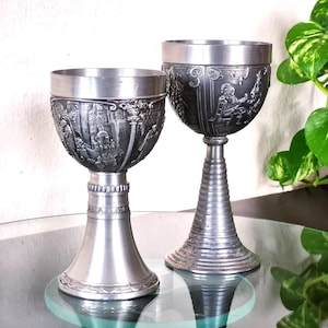 Pewter Chalice Goblet, Medieval German Metal Wine Glass Vogel Zinn 95% Hunting Scene Cordial Roemer, 10 Year Anniversary, 21st birthday gift