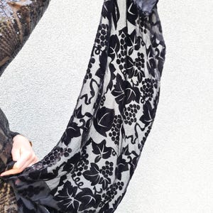 Black Velvet Scarf with Grape, Art deco Sheer Shawl Wrap Grapevine Pattern, Elegant Party Evening Shawl for Wedding, Gift for Her Mum