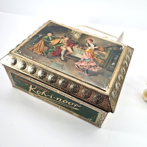 Antique Koh-i-noor Tin Box with Romantic Dance Scene, Collectible Decorative Storage Tin for Tea, Sewing Supplies or Keepsake