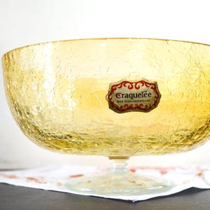 Amber Craquelé Glass Pedestal Bowl INGRID GLAS German 70s, Vintage MCM Crackle Ice Art Glass Footed Fruit Dish, Yellow Serving Centerpiece