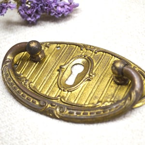 Antique Drawer Drop Pull Handle with Plate & Keyhole Cover Escutcheon, Victorian Lock Cover Brass Key Hole, French Cabinet Dresser Hardware