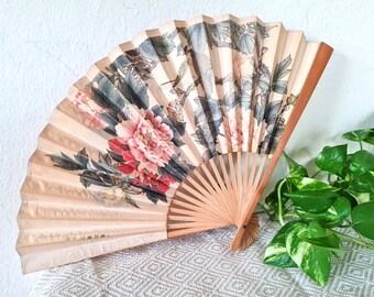 Folding Hand Fan blooming peonies and birds,  Chinese Asian Decor, Vintage Oriental Paper Hand Painted Bamboo Foldable Wedding Fan