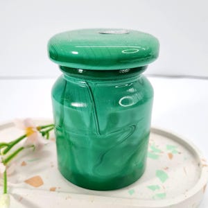Bohemia Vanity Jar with Lid Green Jade Malachite Glass, Dose for Spices, Art Deco Decorative Storage Container