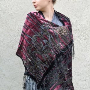 Black Purple Velvet Silk Scarf With Fringe, Burnout Velvet Shawl Wrap ...