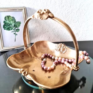 Art Deco Brass Basket with Handle Floral Accents Collini Austria, Elegant Jewelry Candy Nut Dish, Vintage Decorative Bowl Trinket Holder