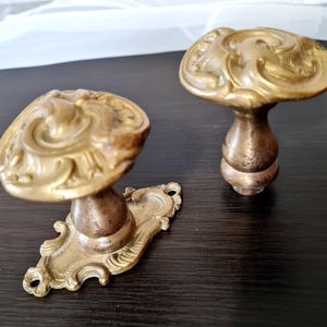 Pair of Ornate Antique Round Door Handles Rococo Style, Brass Door Pulls French Baroque Victorian Scroll Hardware, Mortise Door Knobs Set