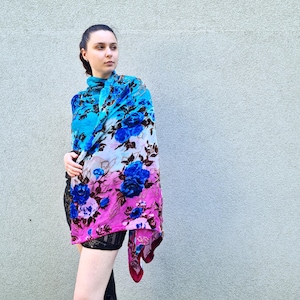 Long Floral Scarf Blue Pink Gradient Silk Velvet 33*83", Sheer Elegant Evening Wrap, Multicolored Tie Dye Shawl, Gift for Her
