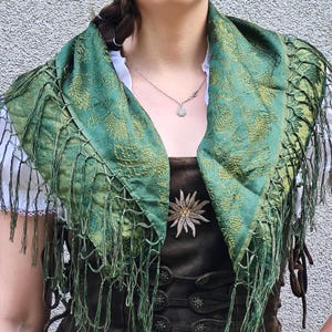 Emerald Green Floral Dirndl Scarf DAMASK Jacquard Silk, 2 Sided Damask Square Shawl with Fringe, Traditional Oktoberfest Trachten Accessory