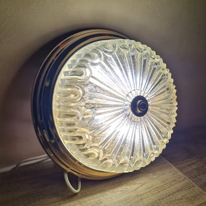 One of Two Flush Mount Round Ceiling Light, ice glass chandelier, Glass Shade Lamp Fixture, Vintage Art Deco lighting sconce