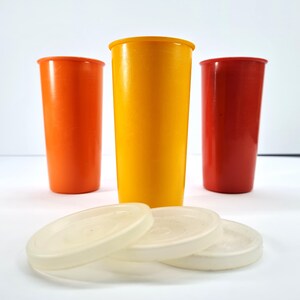 Set 3 Tupperware Tumblers with Lids 5oz Orange Red Yellow for Juice Yoghurt Drinking Camping Cups Belgium, Storage Container MCM 70s