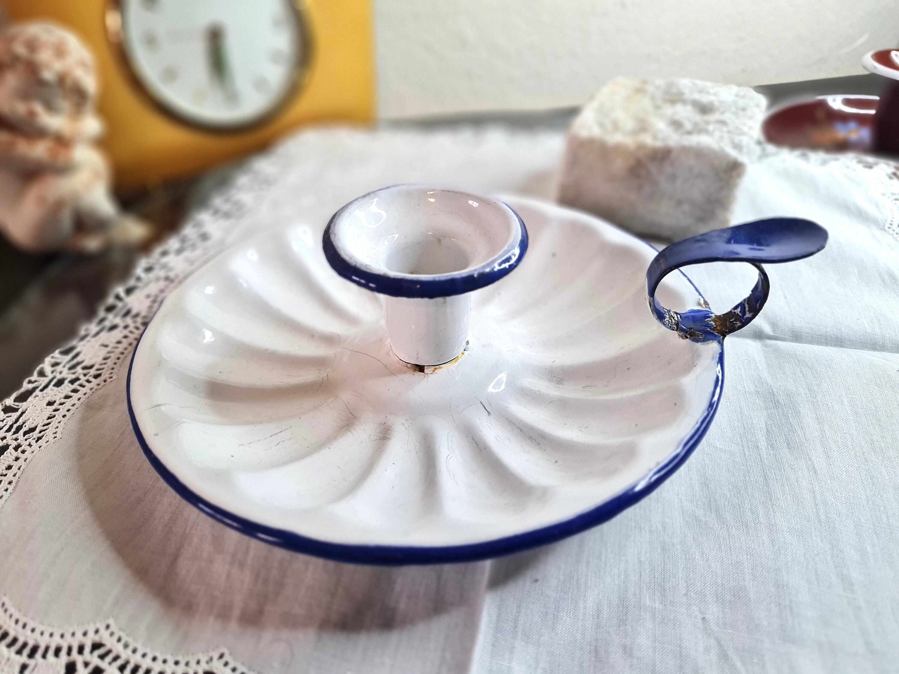 Vintage White Enamel Chamberstick Candle Holder With Blue Trim