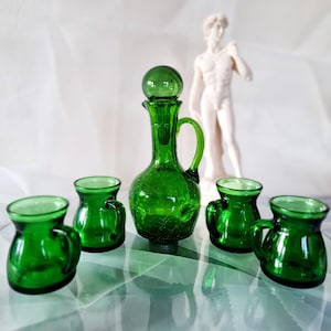 Vintage Small Decanter Set Green Crackle Glass, Pitcher with 4 Handled Cups Shot Glasses, Gift for Him, Retro Barware Glassware
