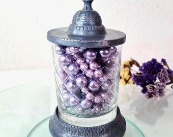 Glass Jar with Metal Lid Storage Vanity Container, ZINN Pewter Drink Cup, Vintage Ornate Victorian Home Decor, Gift for Her