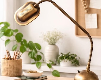 MCM messing bureaulamp FISCHER LEUCHTEN, verstelbare tafellamp met zwanenhals, vintage jaren 70 industriële metalen leeslamp voor thuiskantoor uit de jaren 70