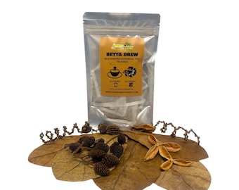 Paquete de inicio Deluxe para Betta: decoración natural para acuarios, bolsitas de té con tinte para Betta y productos botánicos.