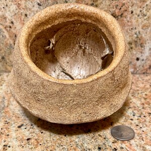 Puede incluir: Un peque&ntilde;o cuenco de cer&aacute;mica marr&oacute;n con una superficie rugosa y texturizada. El cuenco est&aacute; ligeramente astillado en el borde.